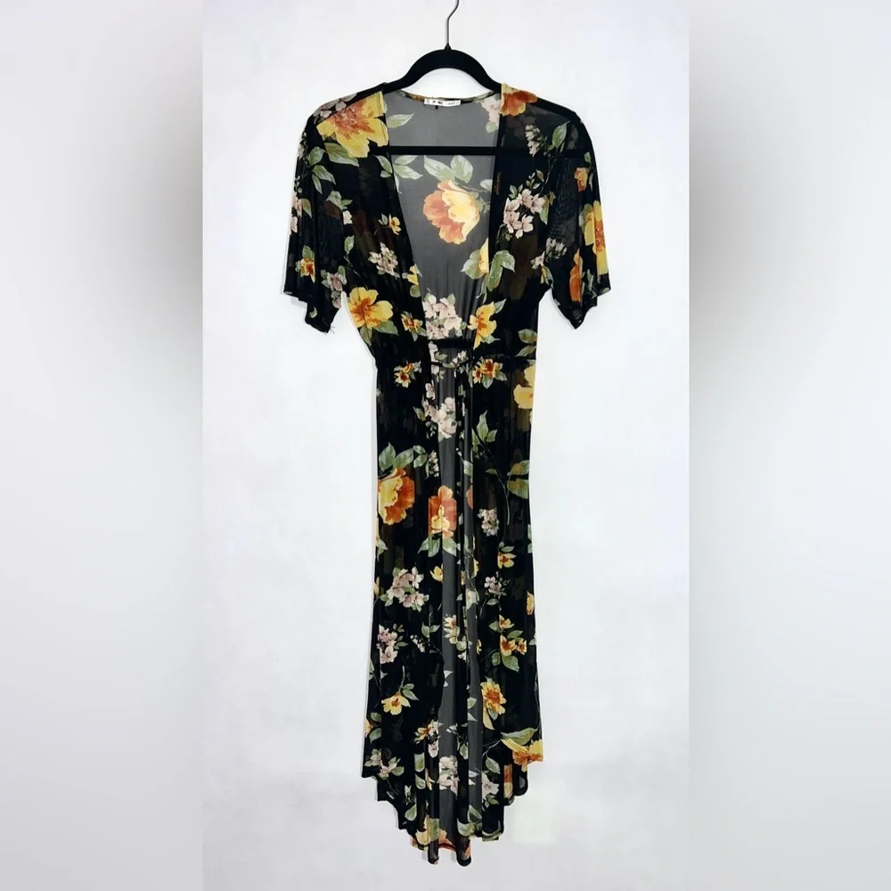 3rd + Malt black floral print sheer‎ duster cardigan cover-up with drawstring M